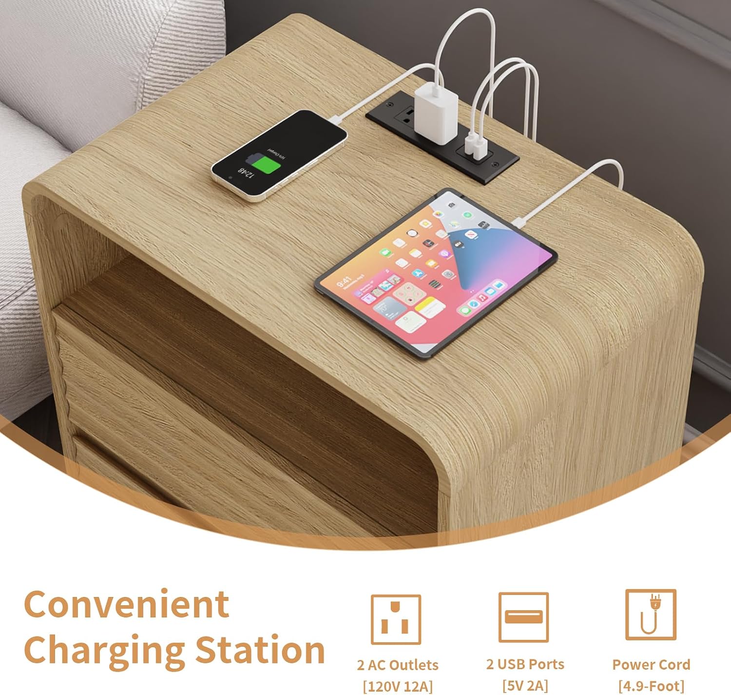 Fluted Nightstand with Charging Station, 23.6'' Wide Morden End Table 2 Drawers & Open Shelf, Curved Profile Design, Wood Bedside Table for Bedroom (Natural Oak, 2 Pieces)