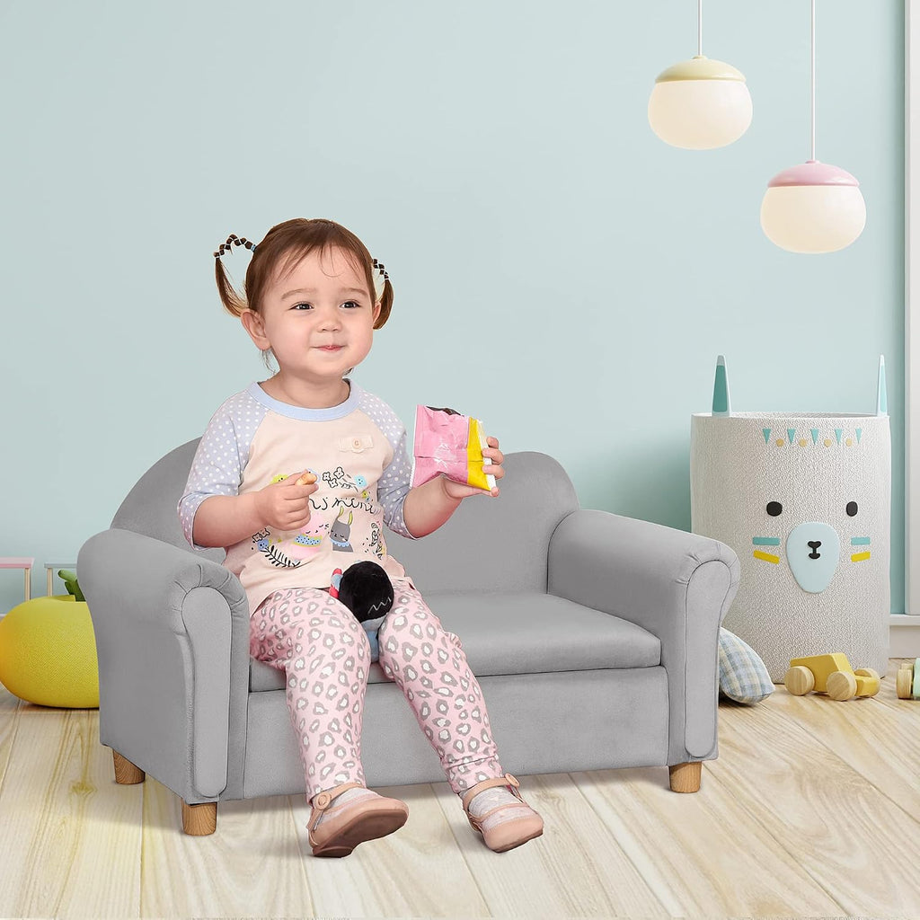 Qaba Ergonomic Foam Kids Sofa with Inner Toy Storage Chest, Velvet Kids Couch with Soft Arms, Children's Lounge Furniture, Gray