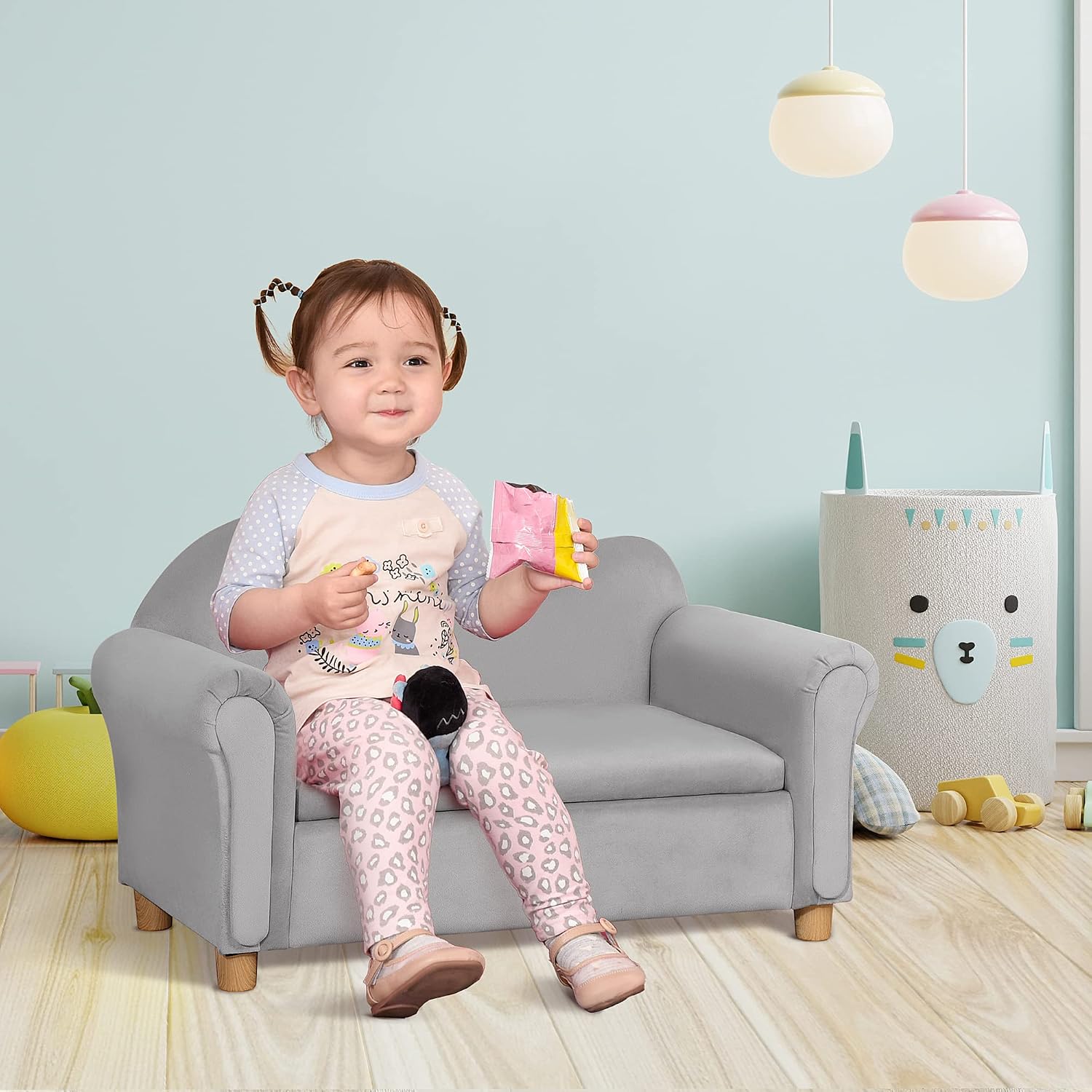 Qaba Ergonomic Foam Kids Sofa with Inner Toy Storage Chest, Velvet Kids Couch with Soft Arms, Children's Lounge Furniture, Gray