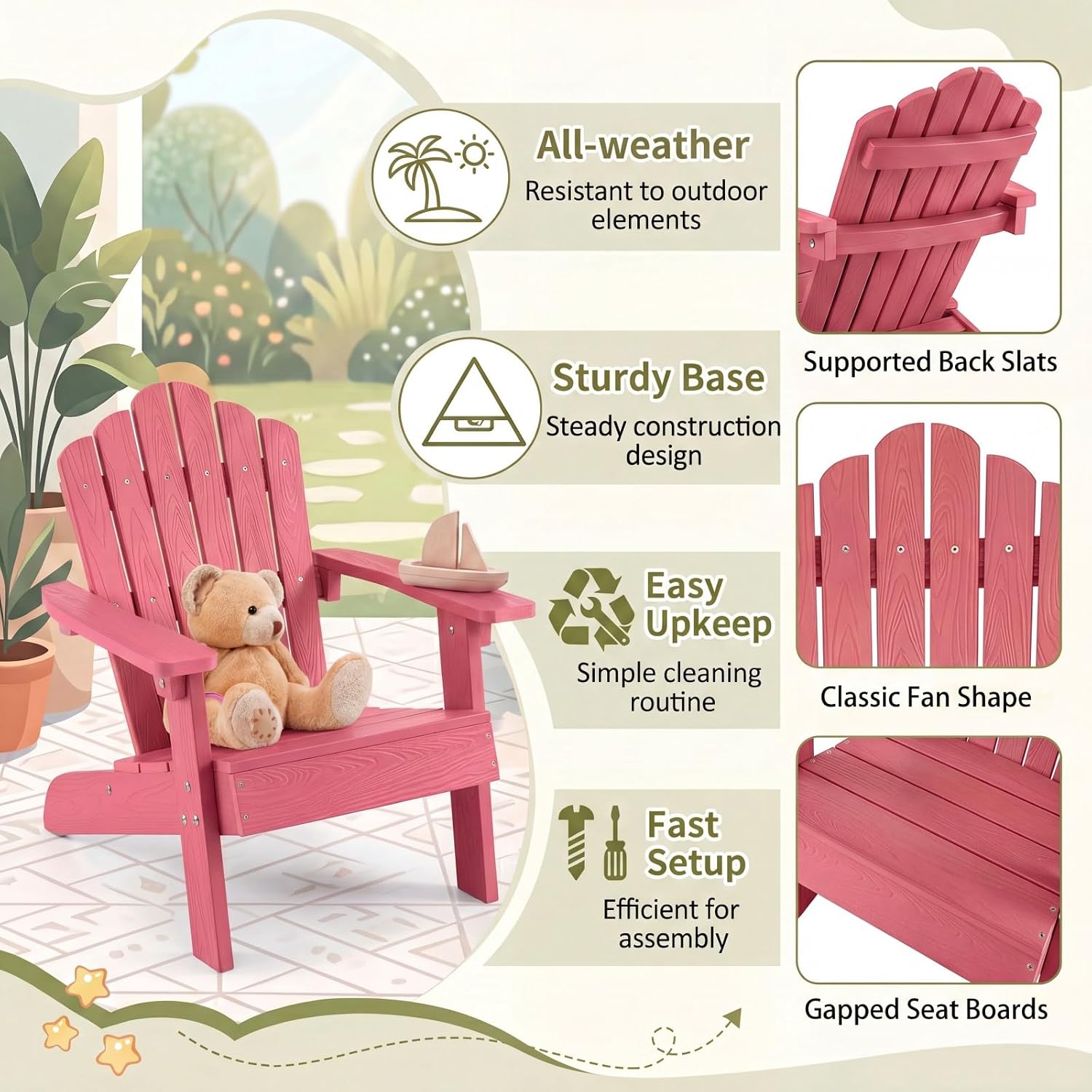 Giantex Kids Adirondack Chair, All-Weather HIPS Children's Outdoor Chair with Tilted High Backrest, Toddler Beach Chair for Garden Patio Backyard, Kids Lawn Chairs for Age 3-7 (1,Pink)
