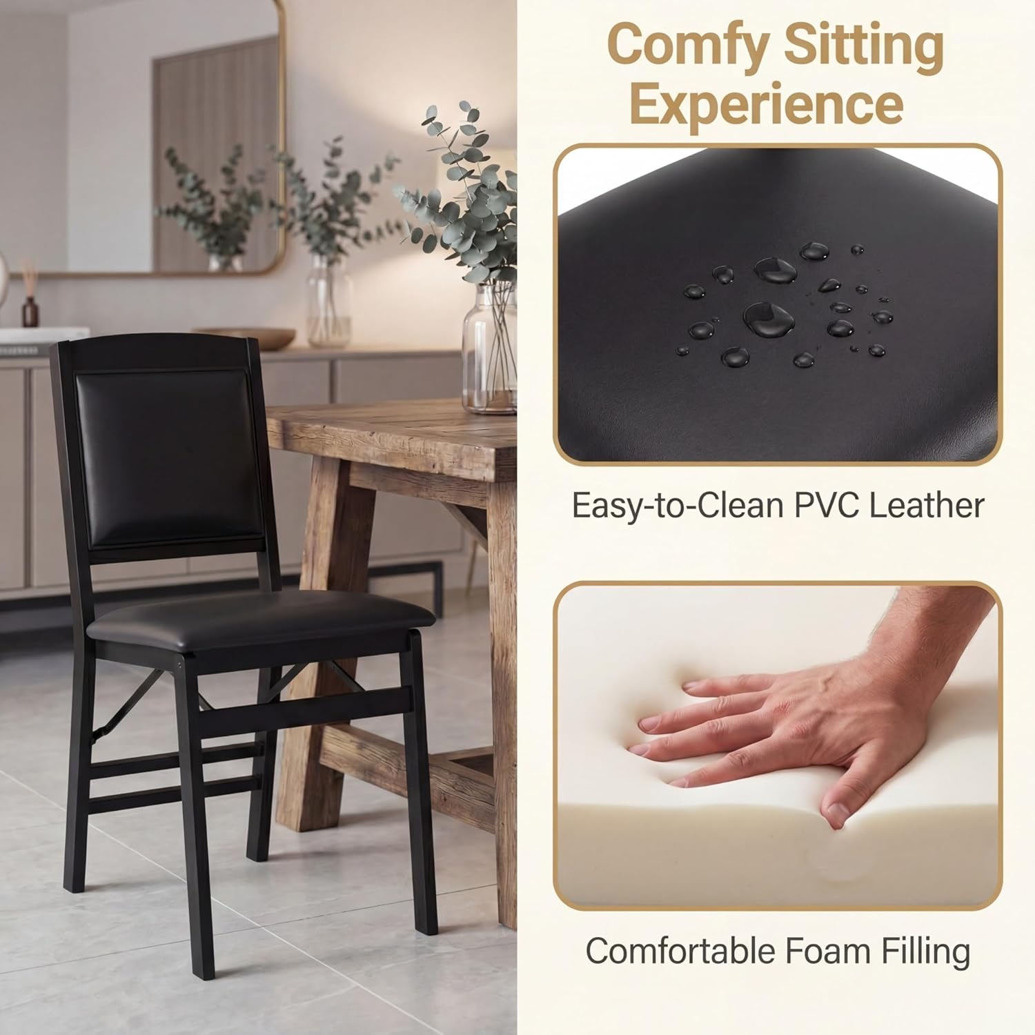 GOFLAME Folding Dining Chairs Set of 4, Faux Leather Upholstered Kitchen Chairs with Padded Seat and Backrest, Solid Wood Foldable Chairs for Living Room, Dining Room, Restaurant, Black