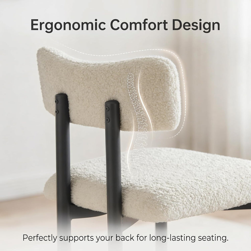 Boucle Dining Chairs Set of 4, Modern Upholstered Dining Room Chair with Curved Backrest, Sherpa Kitchen Chairs with Cushioned Seat and Black Metal Legs for Living Room Bedroom Vanity, Cream