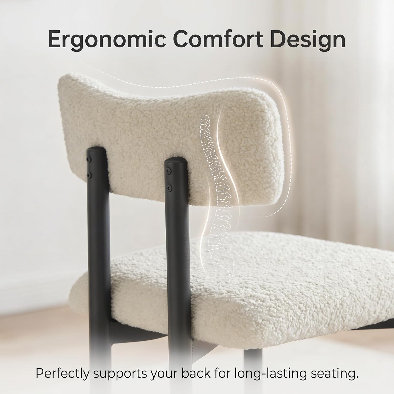 Boucle Dining Chairs Set of 4, Modern Upholstered Dining Room Chair with Curved Backrest, Sherpa Kitchen Chairs with Cushioned Seat and Black Metal Legs for Living Room Bedroom Vanity, Cream