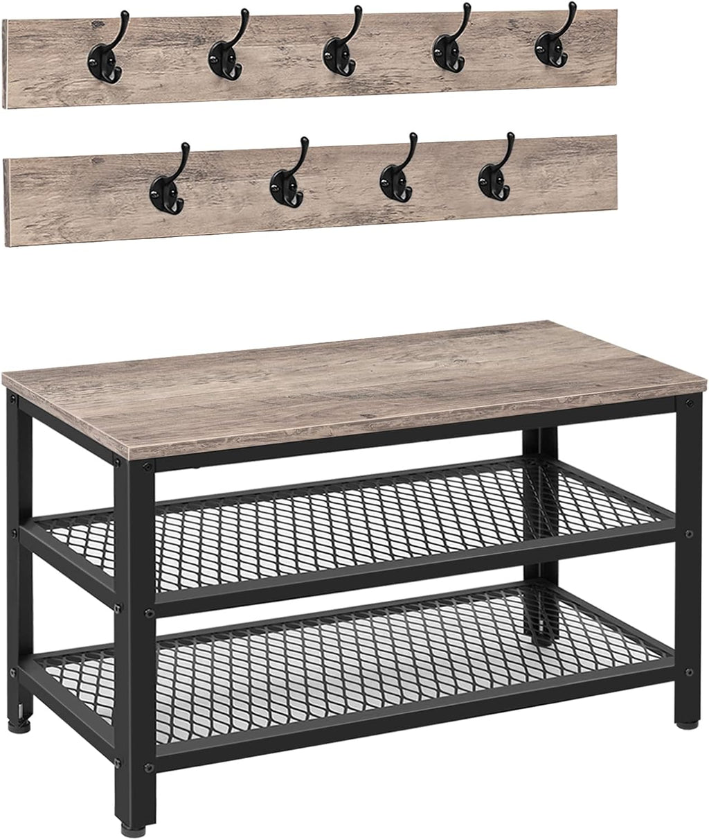 HOOBRO Hall Tree Entryway Storage Bench, Coat Rack Shoe Bench, Shoe Rack Organizer with Coat Hooks, 3-in-1 Design, Wooden Furniture with Metal Frame, Greige and Black BG17MT01