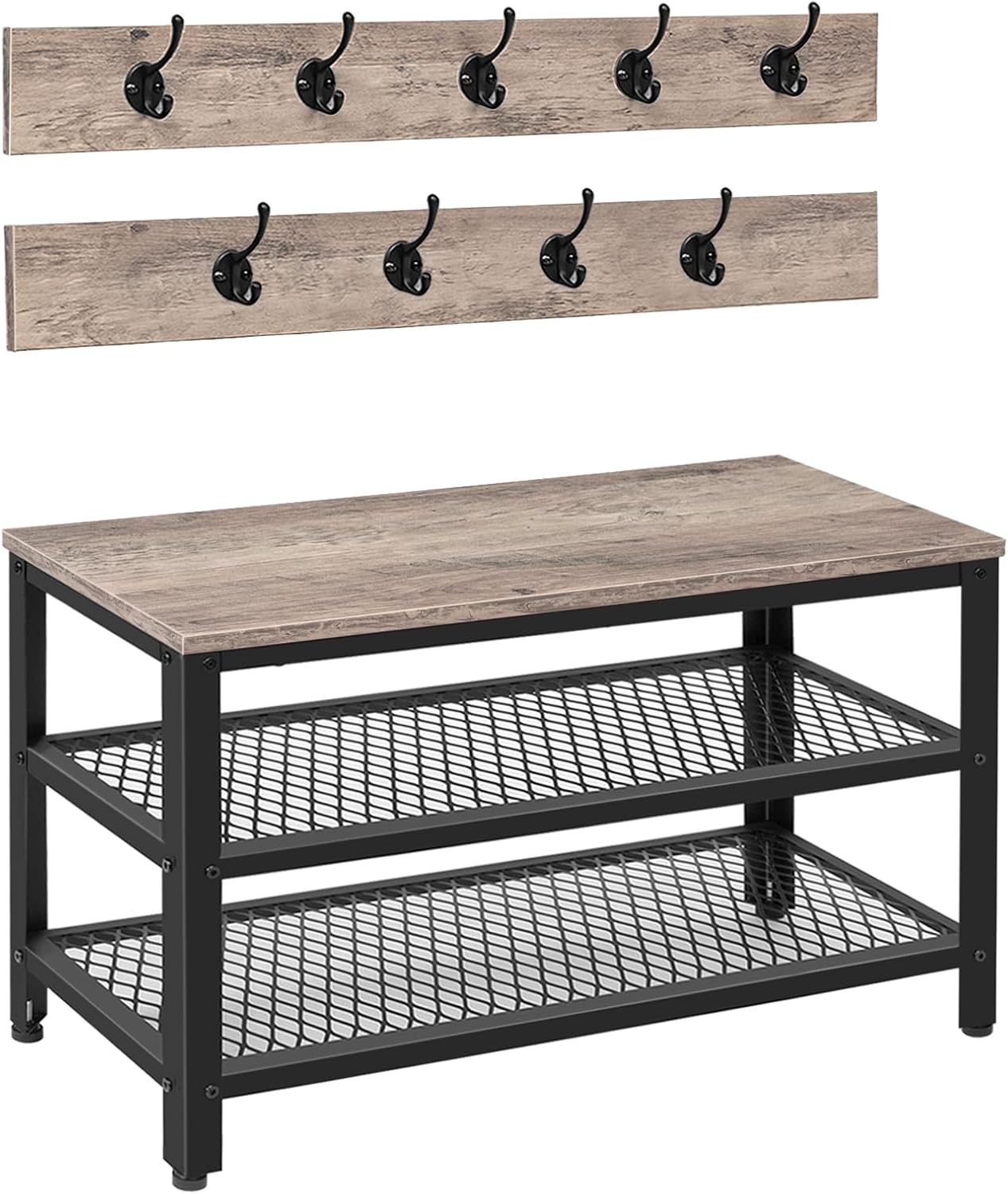 HOOBRO Hall Tree Entryway Storage Bench, Coat Rack Shoe Bench, Shoe Rack Organizer with Coat Hooks, 3-in-1 Design, Wooden Furniture with Metal Frame, Greige and Black BG17MT01