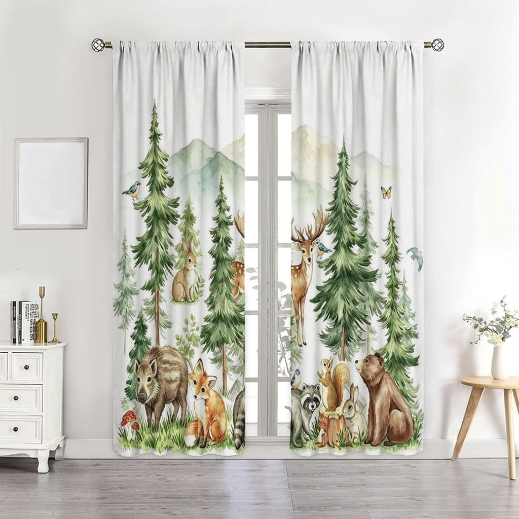 Woodland Curtains Nursery Wildlife Theme, Rustic Watercolor Forest Animal Hedgehog, Rabbit, Fox, and Deer Print, Blackout Window Drapes for Baby Girls Boys Bedroom Living Room, 2 Panels W42xL45 Inch