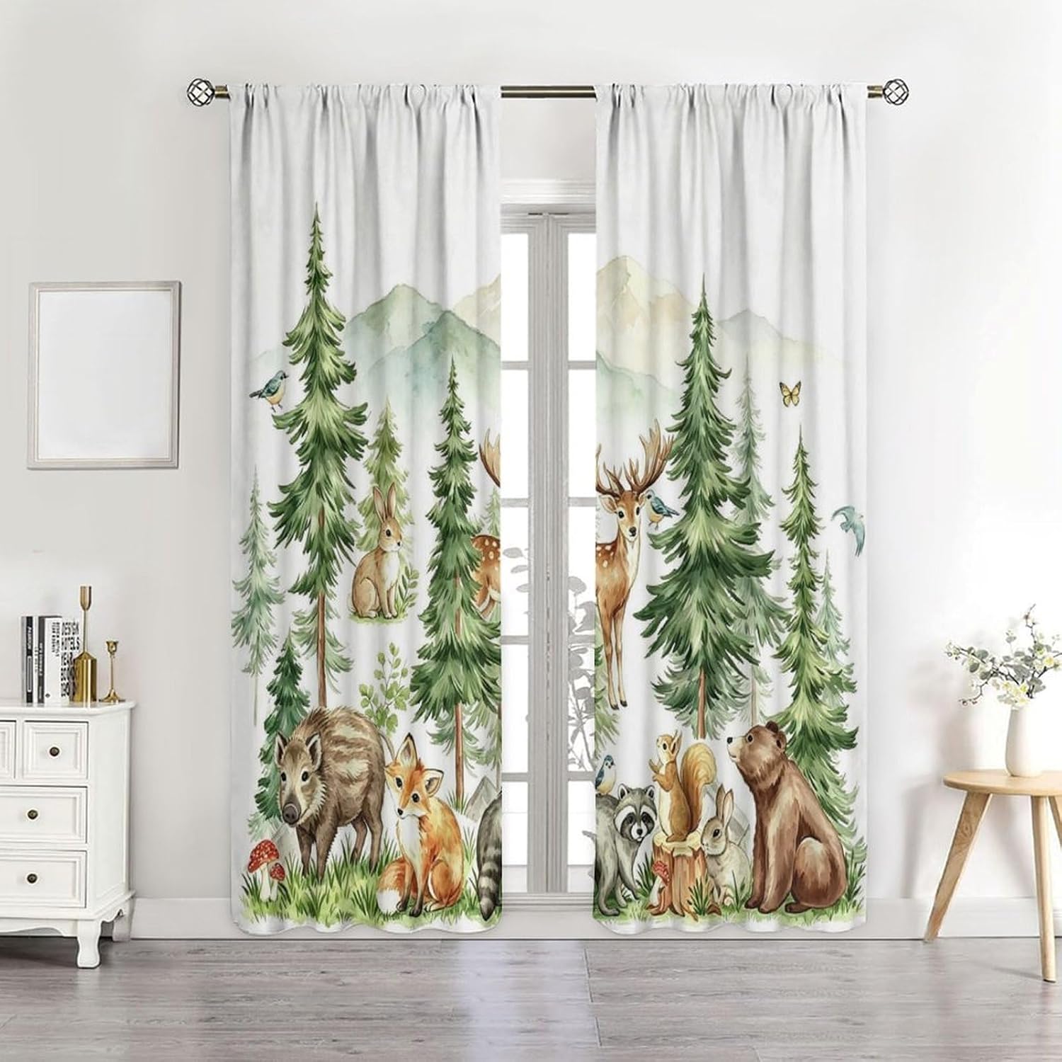 Woodland Curtains Nursery Wildlife Theme, Rustic Watercolor Forest Animal Hedgehog, Rabbit, Fox, and Deer Print, Blackout Window Drapes for Baby Girls Boys Bedroom Living Room, 2 Panels W42xL45 Inch