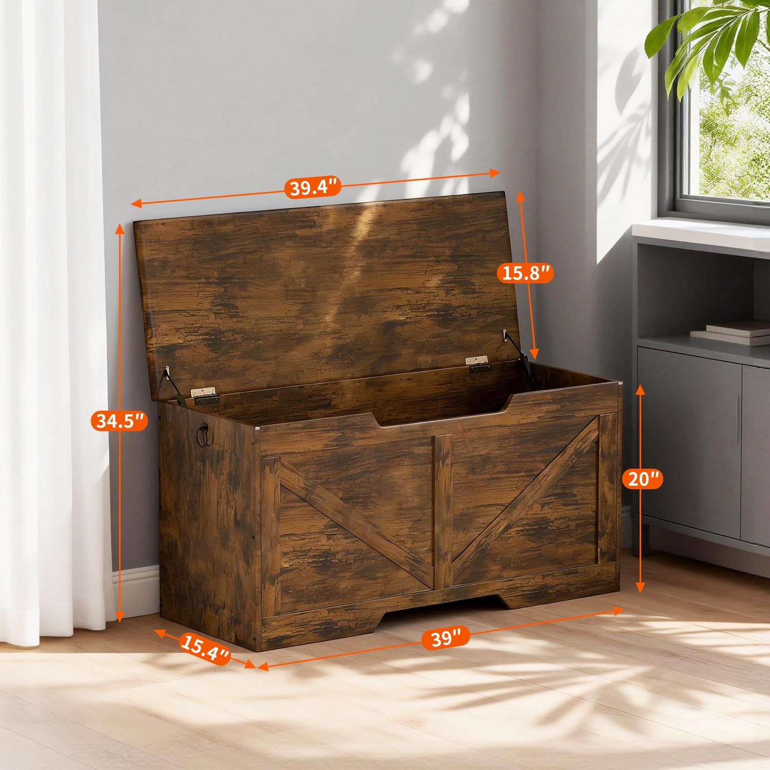 FDW 39.4 Inches Storage Bench, Retro Wooden Storage Benches with Safety Hinge, Entryway Storage Bench Supports 300 lb, Toy Chest Organizer, Easy Assembly for Entryway, Living Room, Brown