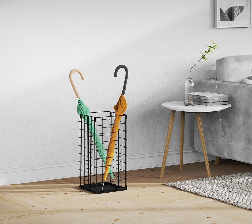 Umbrella Stand, Umbrella Holder for Entryway, Large Metal Foldable Umbrella Rack Organizer Freestanding, with Water Tray and Hooks, Rectangular Hollow Rack 9.5 x 9.5 x 19.7 Inches (Black)