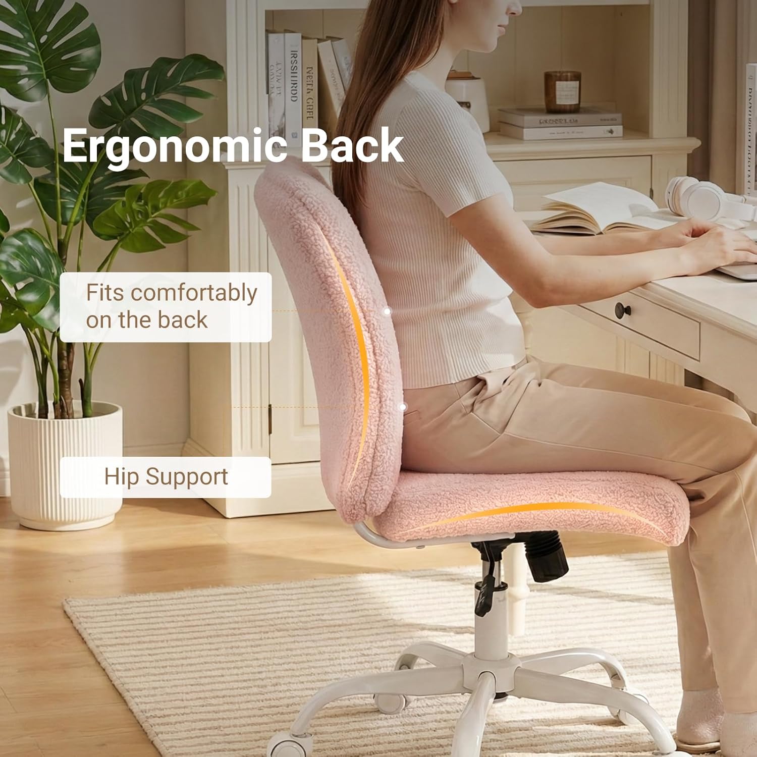 Vanity Chair with Wheels, Armless Office Chair Height Adjustable, Cute Desk Chair with Soft Lumbar Support for Small Space, Bedroom, Make-up Room, Pink