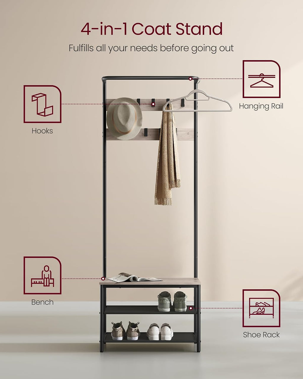 VASAGLE Hall Tree with Bench and Shoe Storage, Entryway Bench with Coat Rack Stand and Shoe Rack, 9 Movable Hooks, Top Bar, Fabric Shelves, Industrial, Greige and Black UHSR411B02