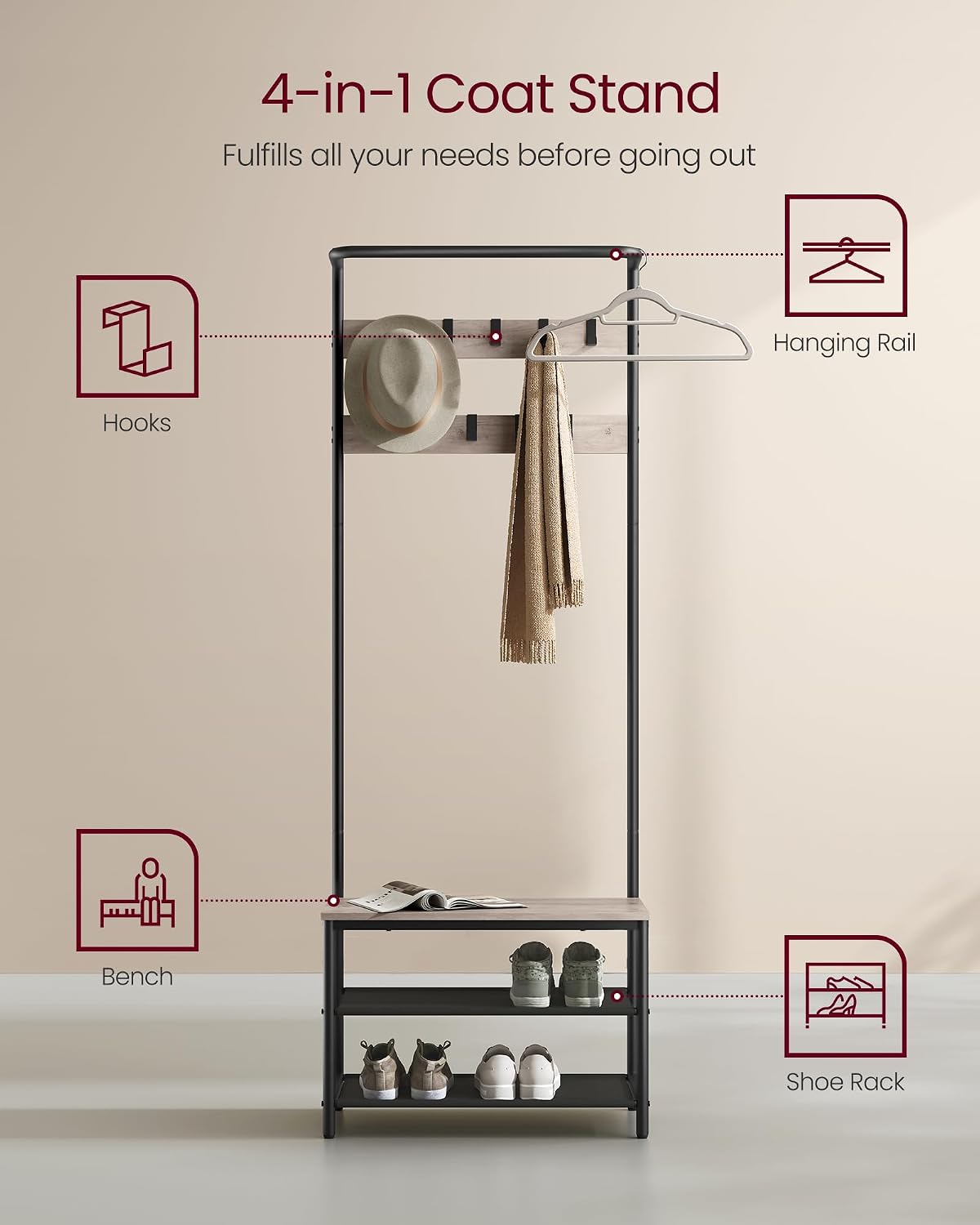 VASAGLE Hall Tree with Bench and Shoe Storage, Entryway Bench with Coat Rack Stand and Shoe Rack, 9 Movable Hooks, Top Bar, Fabric Shelves, Industrial, Greige and Black UHSR411B02