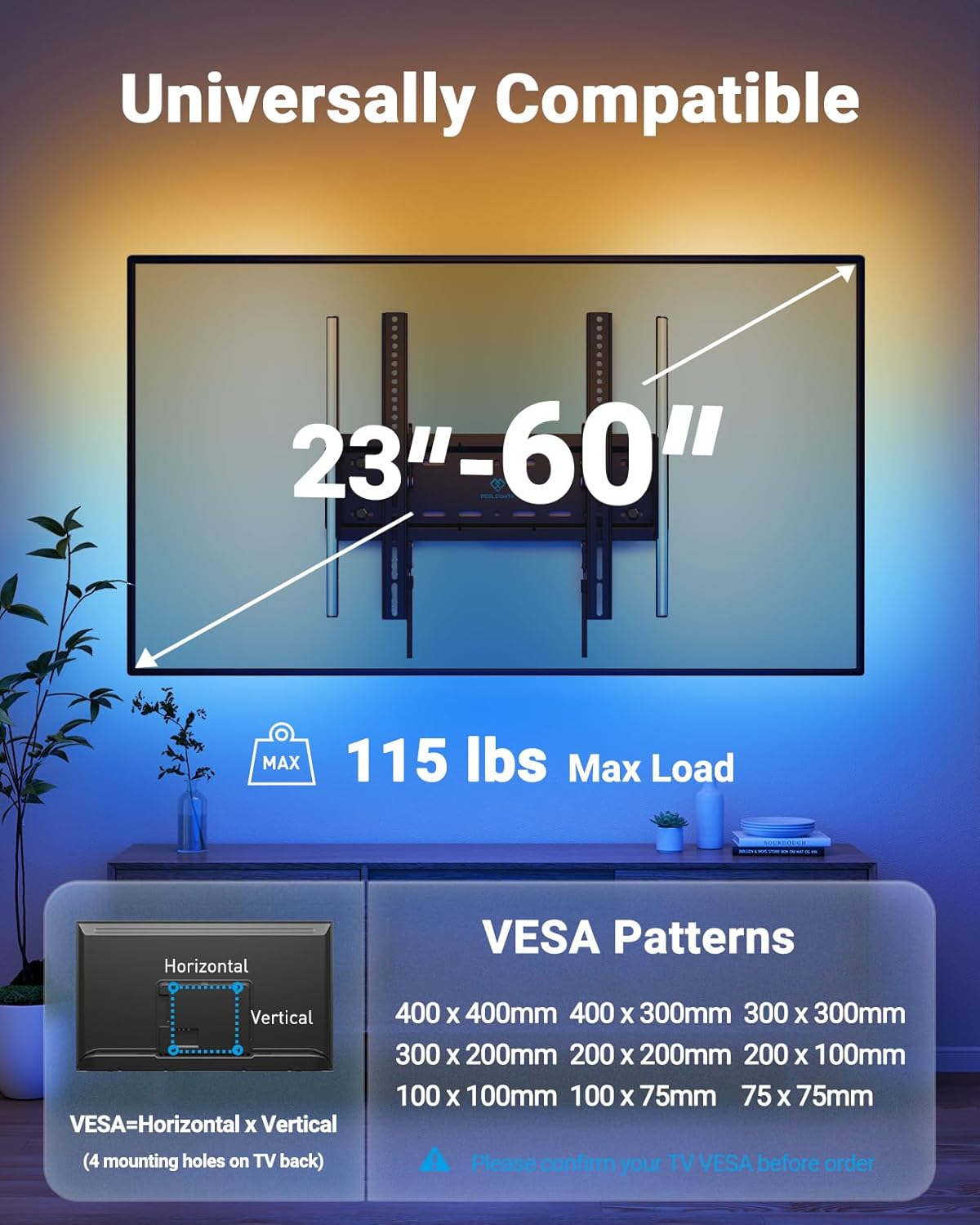 PERLESMITH Tilt TV Wall Mount with LED Light, TV Mount for 26–60 Inch TVs up to 115 lbs, Low Profile Backlit TV Bracket with Music Sync, Fits 8″/16″ Wood Studs, Max VESA 400x400mm, PSTVM74B