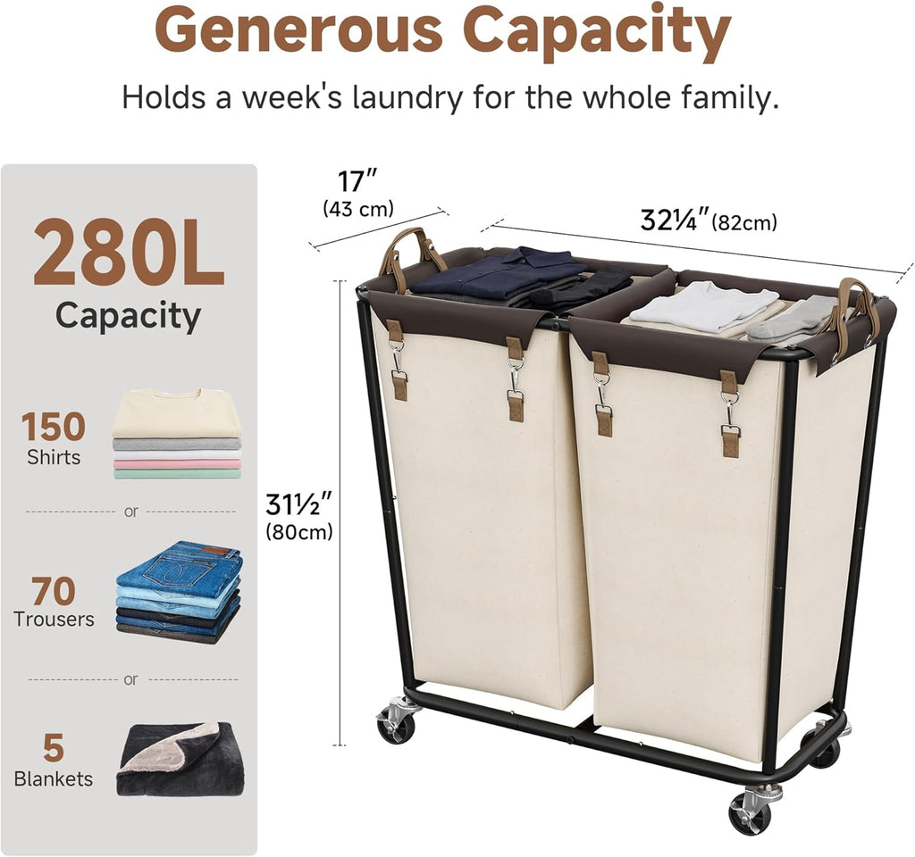 StorageWorks 280L Large Laundry Hamper with Wheels, Laundry Basket with Wheels 2 Sections, Clothes Sorter Cart with Divider for Hotel, Home, Beige, 1-Pack