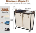 StorageWorks 280L Large Laundry Hamper with Wheels, Laundry Basket with Wheels 2 Sections, Clothes Sorter Cart with Divider for Hotel, Home, Beige, 1-Pack