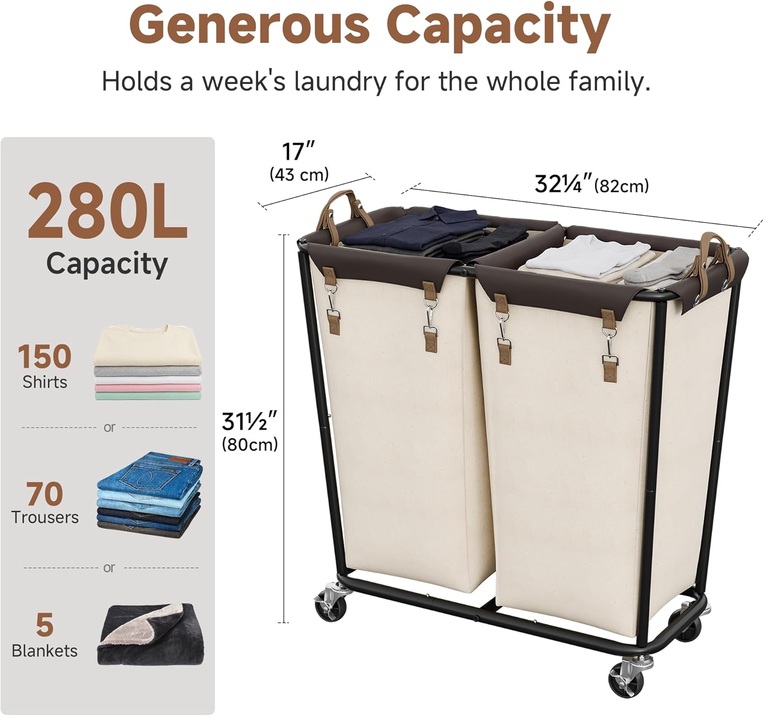 StorageWorks 280L Large Laundry Hamper with Wheels, Laundry Basket with Wheels 2 Sections, Clothes Sorter Cart with Divider for Hotel, Home, Beige, 1-Pack