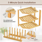 Bamboo Plate Organizer for Cabinet Set,3 Tier Corner Shelf & Vertical Plate Holder, Durable Space Saver Wooden Dish Racks for Kitchen Cabinet RV Plates,Dishes,Bowls,Spice,Lids,Bread Pantry - 1 Set