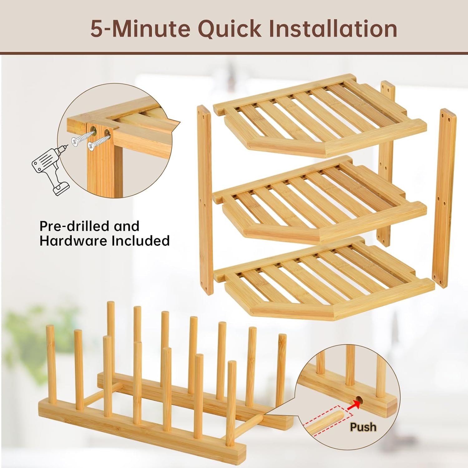 Bamboo Plate Organizer for Cabinet Set,3 Tier Corner Shelf & Vertical Plate Holder, Durable Space Saver Wooden Dish Racks for Kitchen Cabinet RV Plates,Dishes,Bowls,Spice,Lids,Bread Pantry - 1 Set