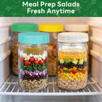 XLMYS 4 Pack Salad Jar, 32oz Salad Jars with Separate Wet/Dry Dressing Cup, Leakproof Salad Container for Lunch, Glass Food Storage for Home, Office and Outdoor