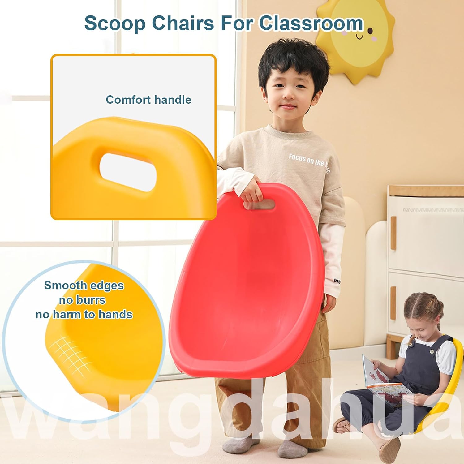 Scoop Rocker Chairs for Cassroom, Kids Floor Scoop Chair, Portable Reading Chair with Back Support, Flexible Classroom Seating, Sensory Wiggle Plastic Chairs for Toddler Age 3-9,Red