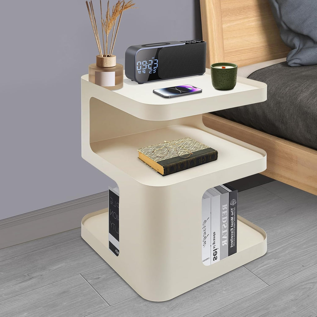 Modern Metal Side Table with Storage - No Assembly Small End Table & Nightstand for Bedroom,Living Room,Couch - Compact Accent Table for Small Spaces,Durable Bedside Table (Cream)