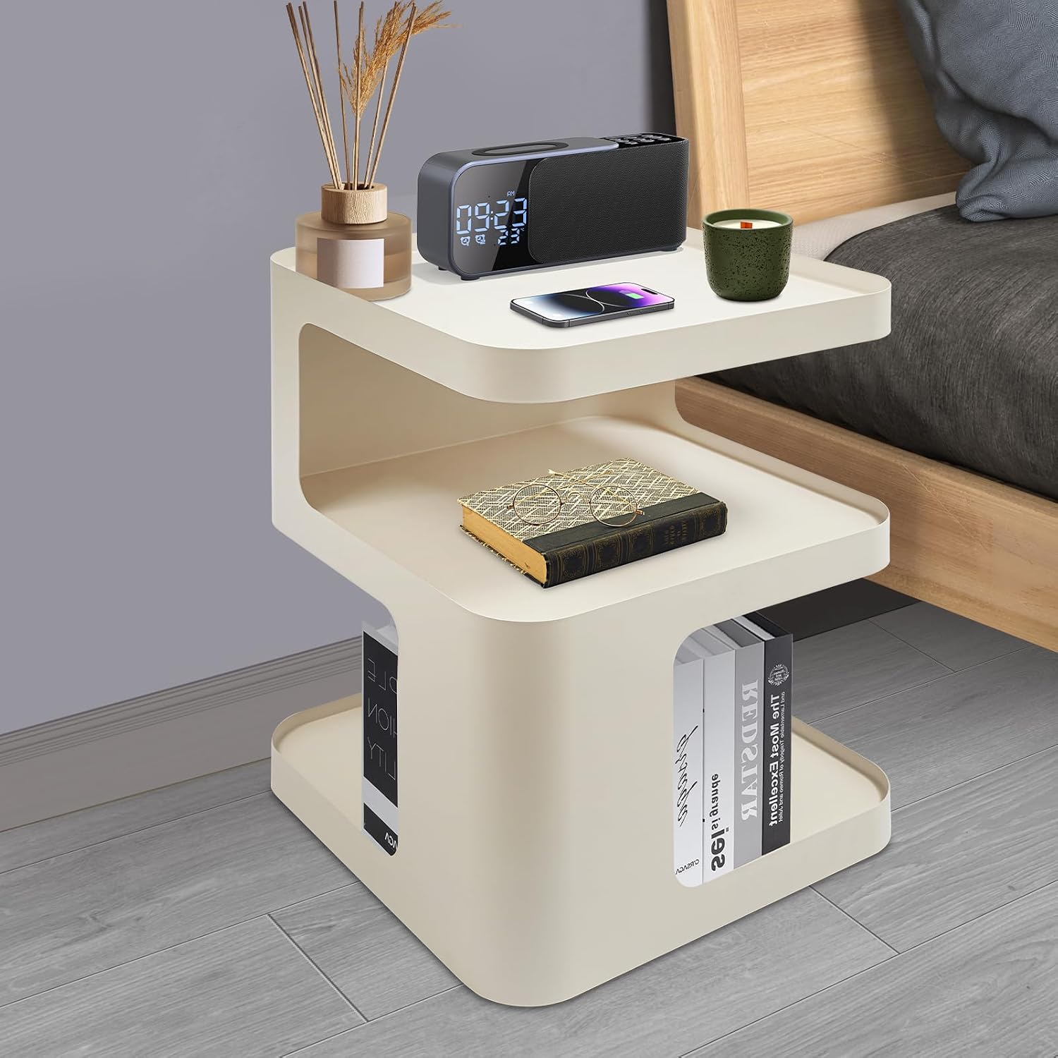 Modern Metal Side Table with Storage - No Assembly Small End Table & Nightstand for Bedroom,Living Room,Couch - Compact Accent Table for Small Spaces,Durable Bedside Table (Cream)