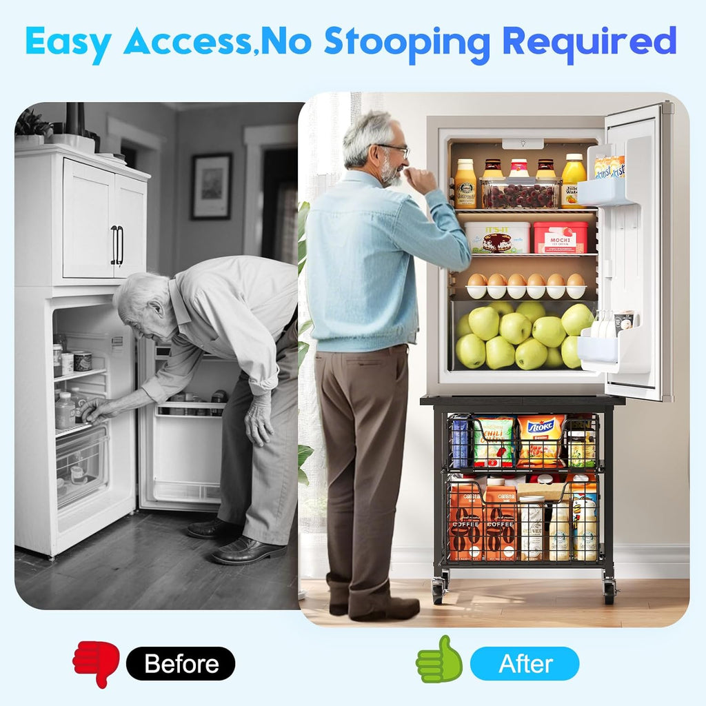 Mini Fridge Stand with Storage, Small Refrigerator Stand with 2 Drawers, Mini Fridge Shelf Cabinet-Max Load 300 LBS Heavy Microwave Stand Mini Fridge Cart for Dorm, Apartment, Kitchen (Black)
