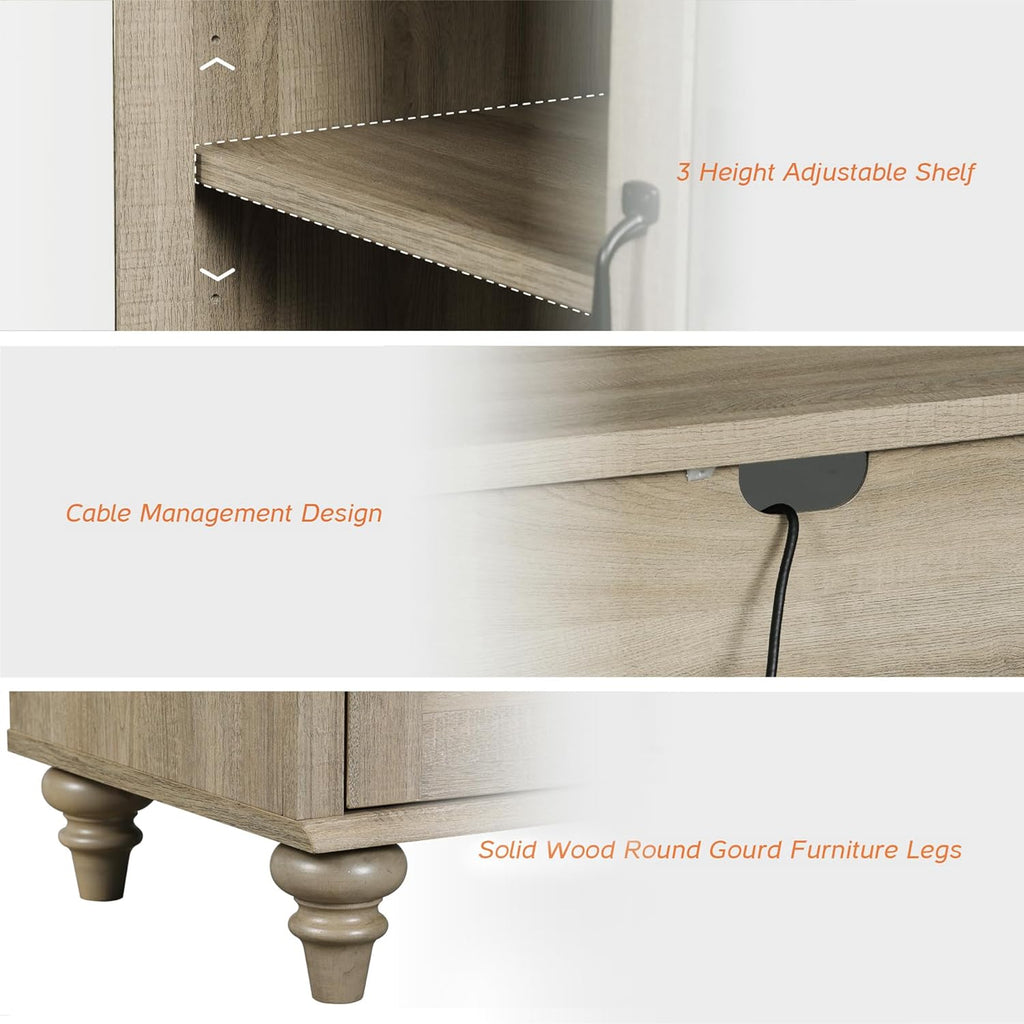 WAMPAT Farmhouse End Table with Ample Storage, Set of 2 Large Mid Century Modern Wood Bedside Table, Wide Sofa Side End Table with Glass Doors, Cabinet for Living Room, Bedroom, Wash Grey