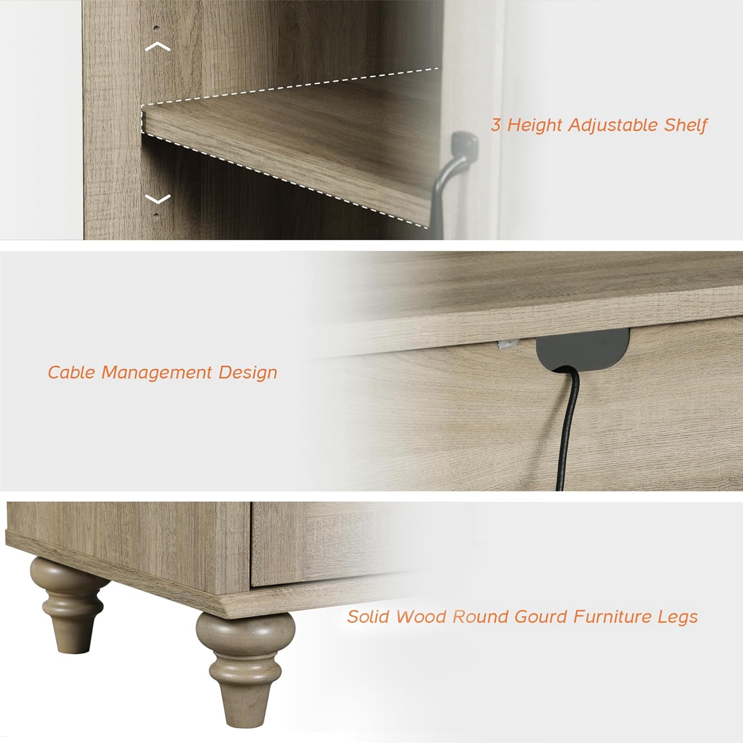 WAMPAT Farmhouse End Table with Ample Storage, Set of 2 Large Mid Century Modern Wood Bedside Table, Wide Sofa Side End Table with Glass Doors, Cabinet for Living Room, Bedroom, Wash Grey