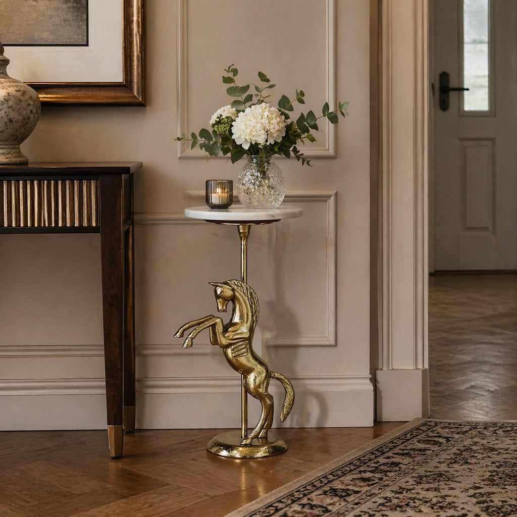 Horse Side Table with White Marble Top | Decorative Sculptural End Table | Aluminum Base | Gold Accent Table for Living Room | 10x10x25.5