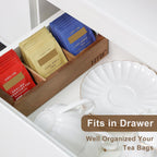 HTB Acacia Wood Small Tea Bag Box with 3 Compartments for Counter Drawer | Tea Bag Chest with Handle, Mini Countertop Divided Storage Container for Beverage Supplies, Sugar, Sweeteners