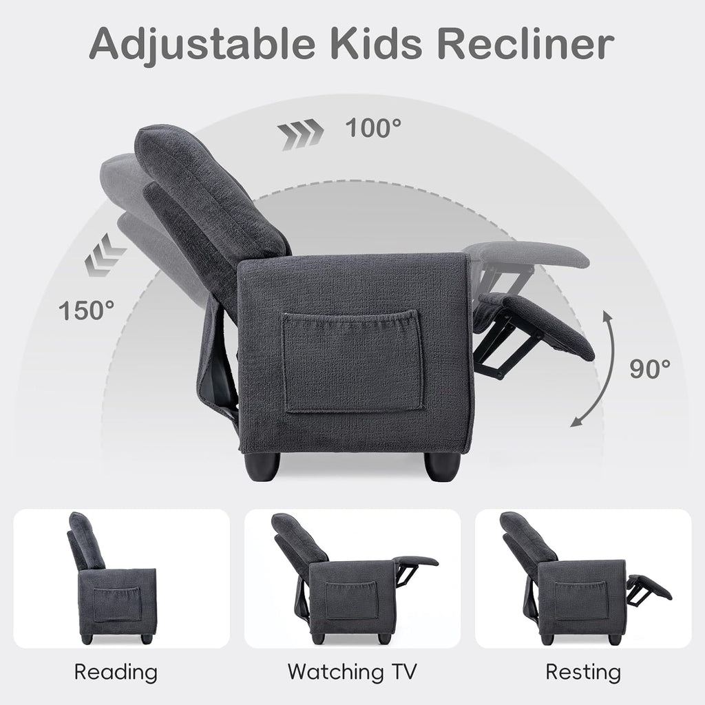 INFANS Kids Recliner, Toddler Lounge Chair with Adjustable Backrest Footrest Cup Holder Side Pockets, Velvet Leather Toddler Couch