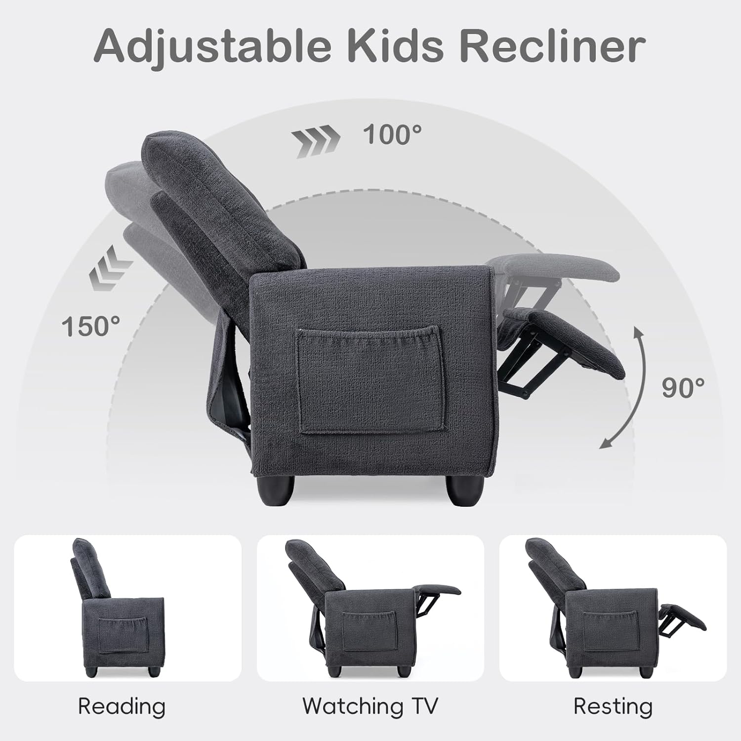INFANS Kids Recliner, Toddler Lounge Chair with Adjustable Backrest Footrest Cup Holder Side Pockets, Velvet Leather Toddler Couch