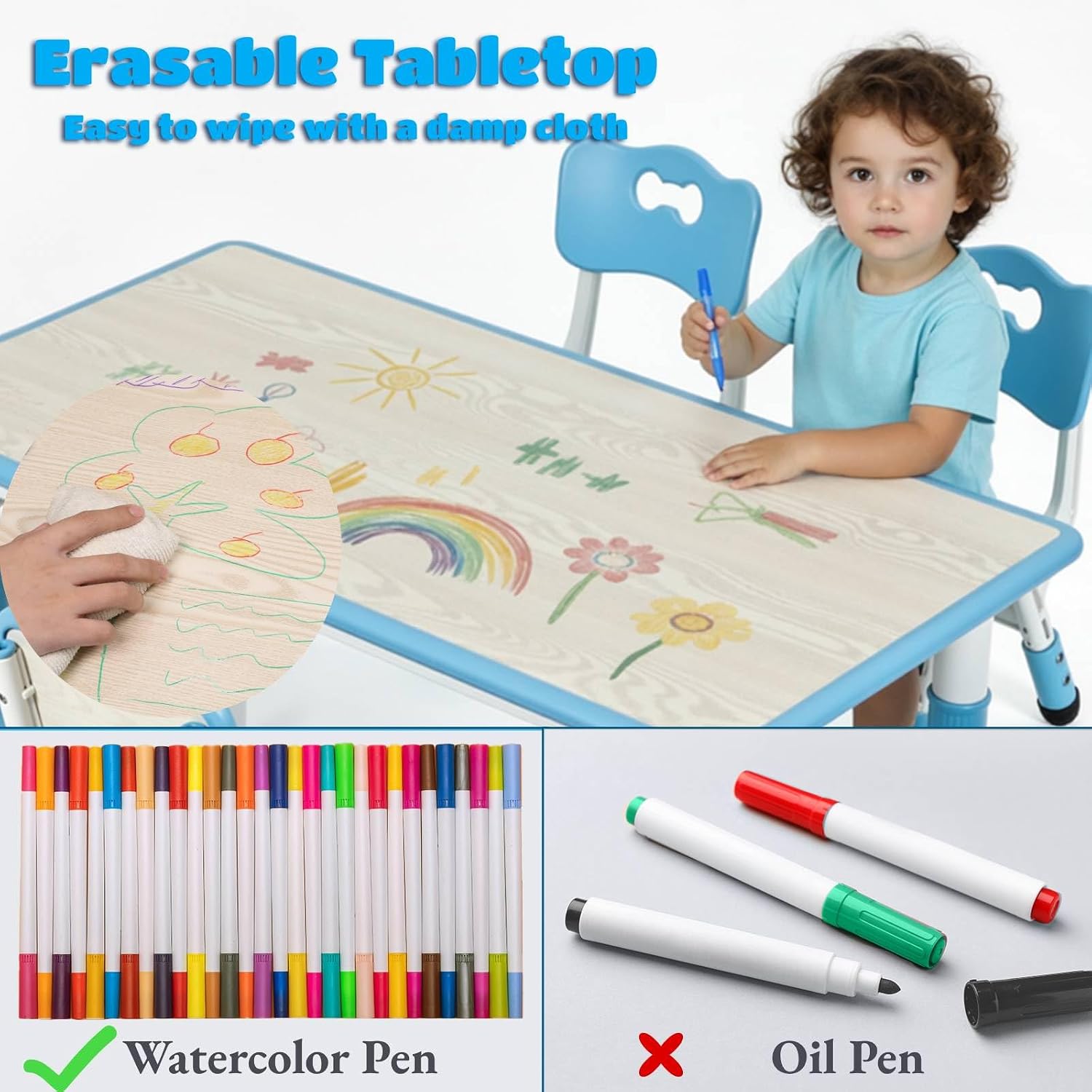 Arlopu Kids Table and 6 Chairs Set, Height Adjustable Graffiti Desk, Preschool Activity Art Craft Table, for Daycare Classroom Home Boys and Girls Age 3-12 (Blue)