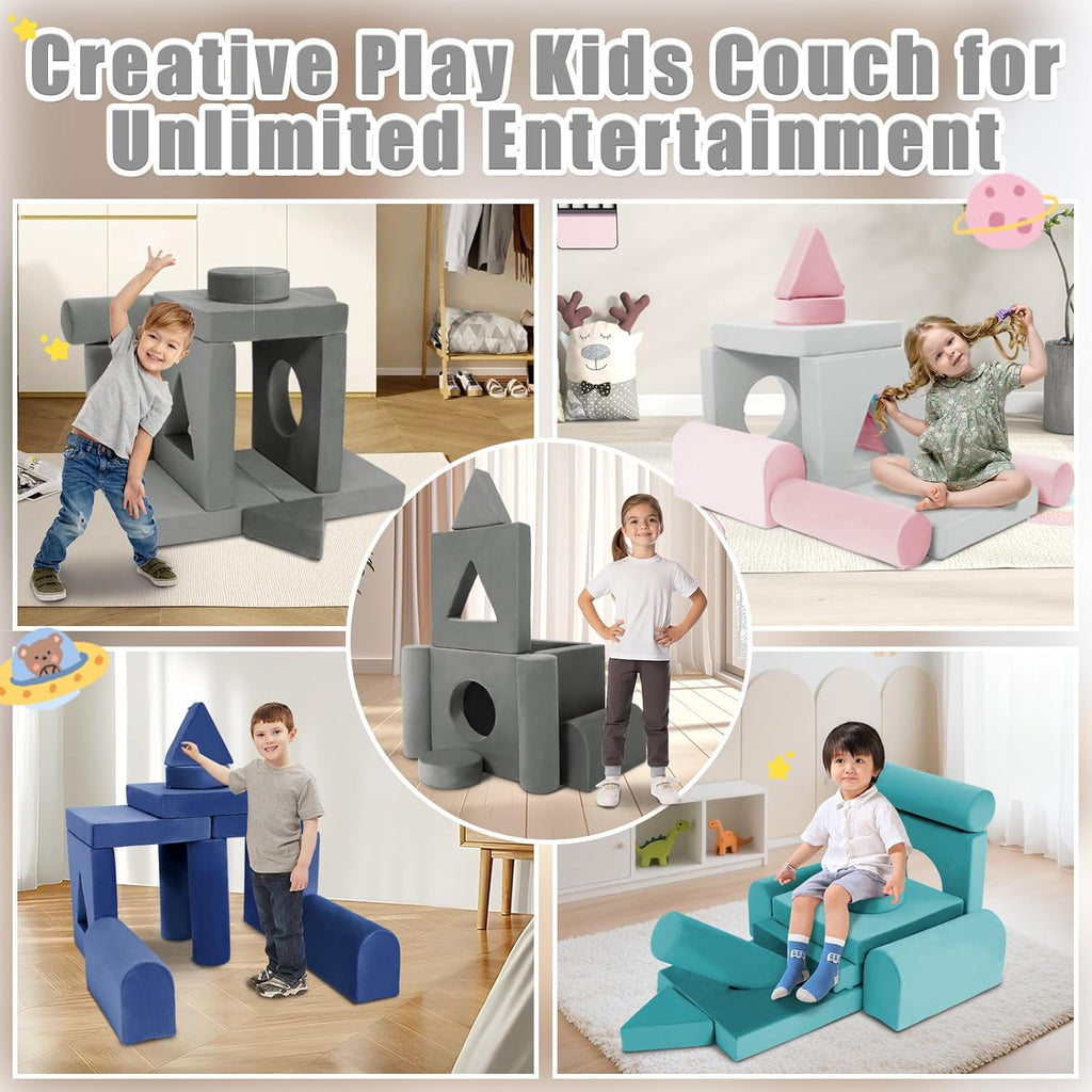11pcs Modular Kids Play Couch Toddler Sectional Sofa DIY Creativing Convertible Play Fort Foam Play Couch Child Floor Folding Sofa for Playroom Bedroom Living Rooms Furniture(Dark Gray)