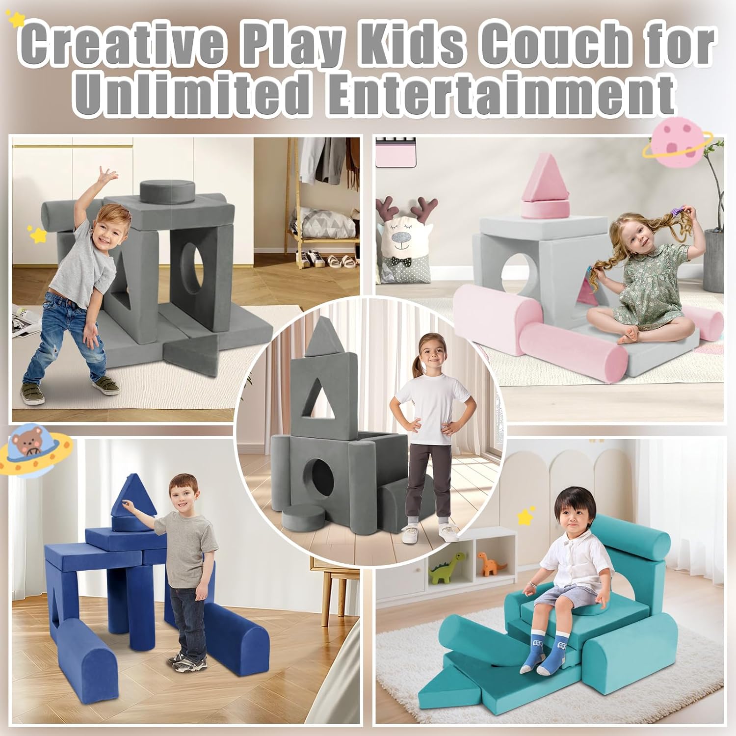 11pcs Modular Kids Play Couch Toddler Sectional Sofa DIY Creativing Convertible Play Fort Foam Play Couch Child Floor Folding Sofa for Playroom Bedroom Living Rooms Furniture(Dark Gray)