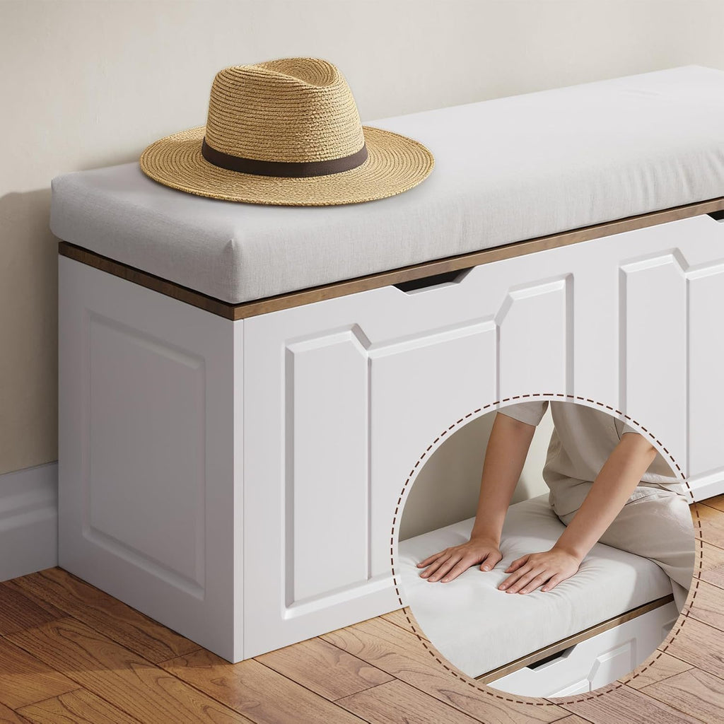 L-Shaped Kitchen Breakfast Nook Bench with Hidden Storage Space, White and Walnut Colors, Backless Wood Corner Bench with Cushion Seat, 63IN x 15.7IN x17.7IN(Two Packages Delivered)