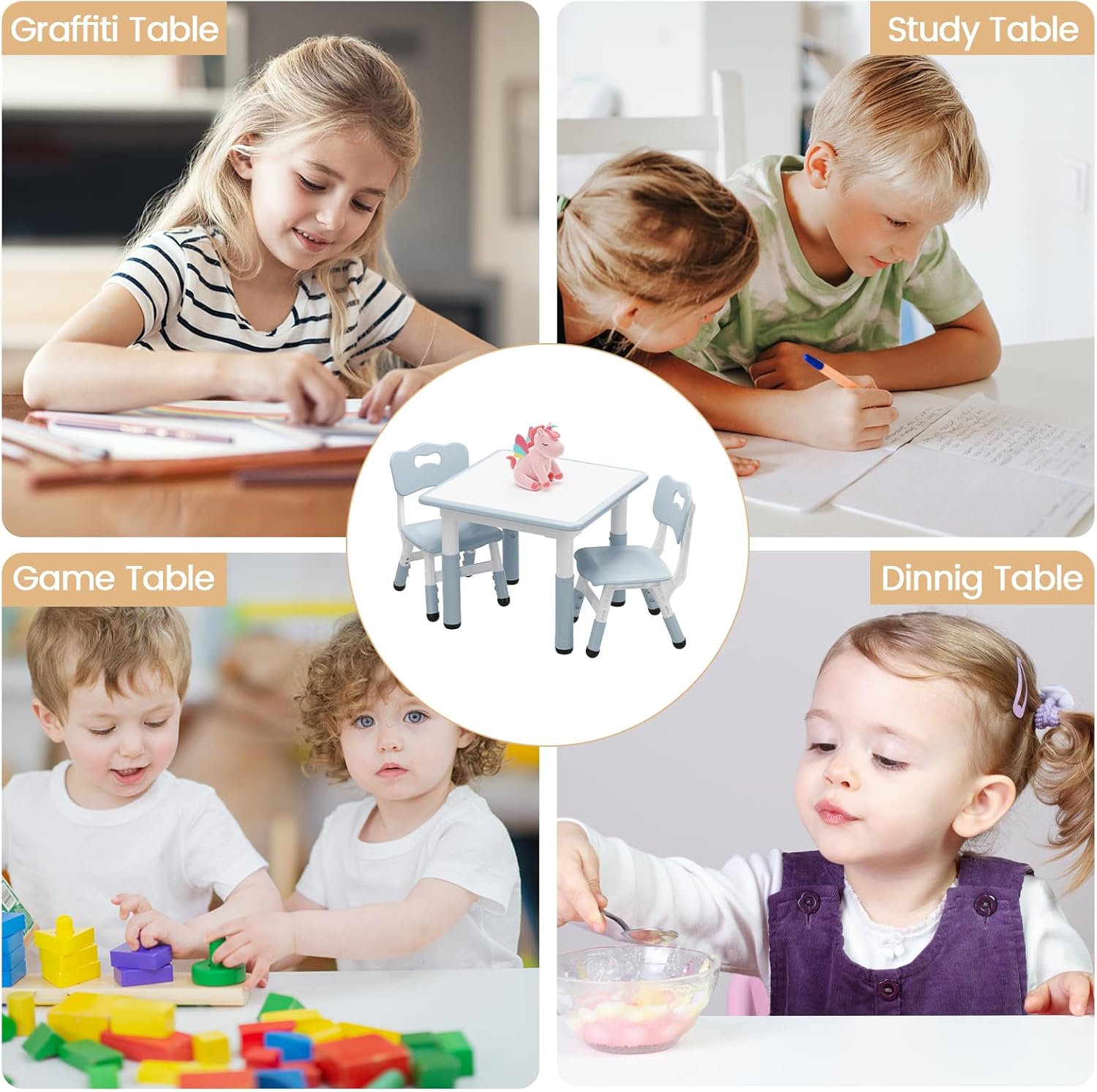 IDEALHOUSE Adjustable Height Kids Table and 2 Chairs Set – Writable Whiteboard Top, Non-Slip Legs, Easy to Clean, Ideal for Toddlers and Children Ages 2-10, Multi-Activity Table for Home, Nursery,