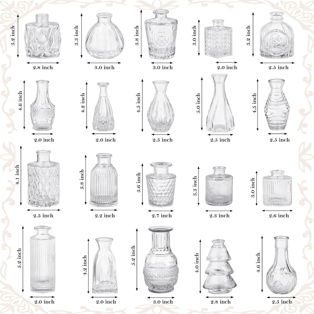 20 Pcs Clear Glass Bud Vases, Small Vintage Bud Vase Set for Flowers, Mini Glass Vases for Centerpieces, Wedding Decor, Baby Shower, Table Decorations, Home Decor, 3.1"-5.1"