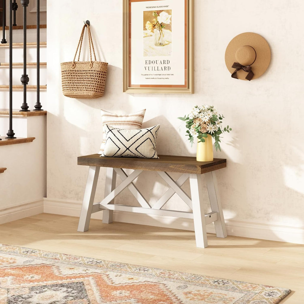 Wnutrees 30" Farmhouse Wood Bench, Rustic Solid Wood Entryway Bench Seat with Double X-Structure for Dining Area Living Room Hallway, Structural Stability, White