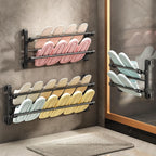 Wall Mounted Folding Shoe Rack 2 Tiers Space Saving Designs for Bathroom and Entryway Without Drilling Required