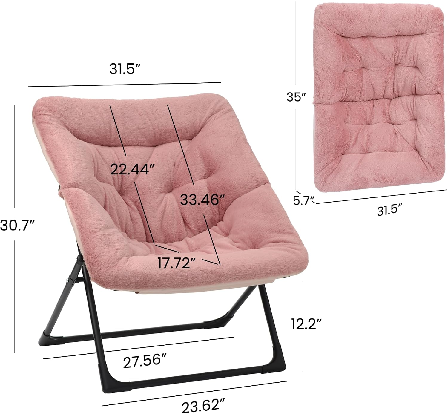 Comfy Saucer Chair for Adults, Soft Faux Fur Bedroom Chair, Accent Dorm Chairs, Flexible Living Room Reading Chairs, Oversized Folding Seat for Teens, X-Large, Dusky Pink