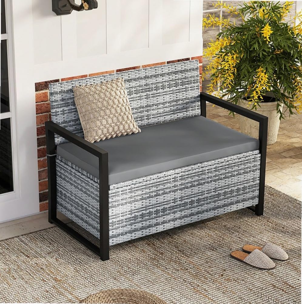 Gray Rustic Rattan Outdoor Storage Bench 40 Gal 800lb Load UV-Resistant 43.5in Seat Cushion Liner for Garden