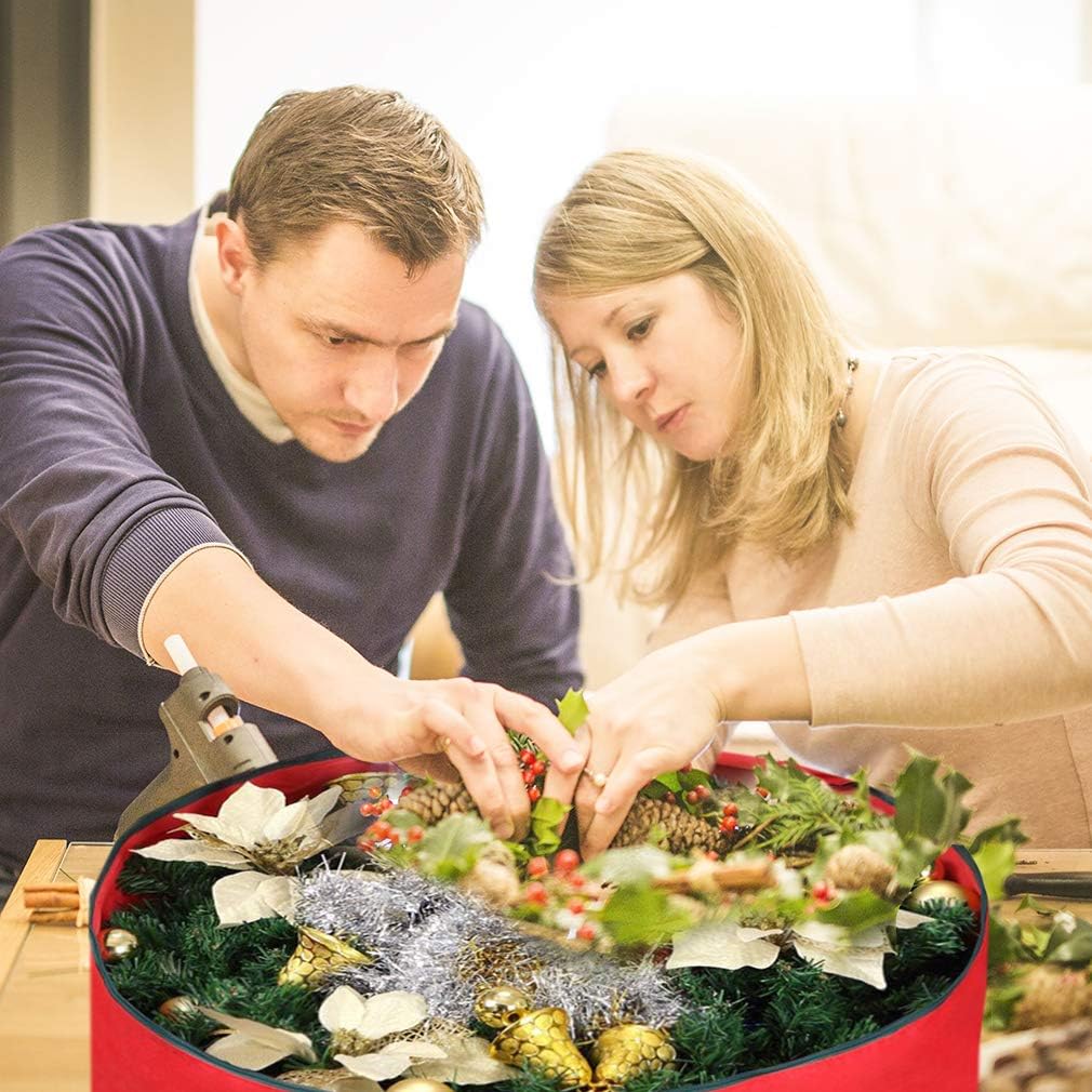 Christmas Wreath Storage Bag 30" - 2 Pack Artificial Wreath Container - Garland Holiday Xmas Wreaths Holder - Sturdy Handles - Card Slot Dual Zipper Strong 420D Oxford (30 Inch, Red)