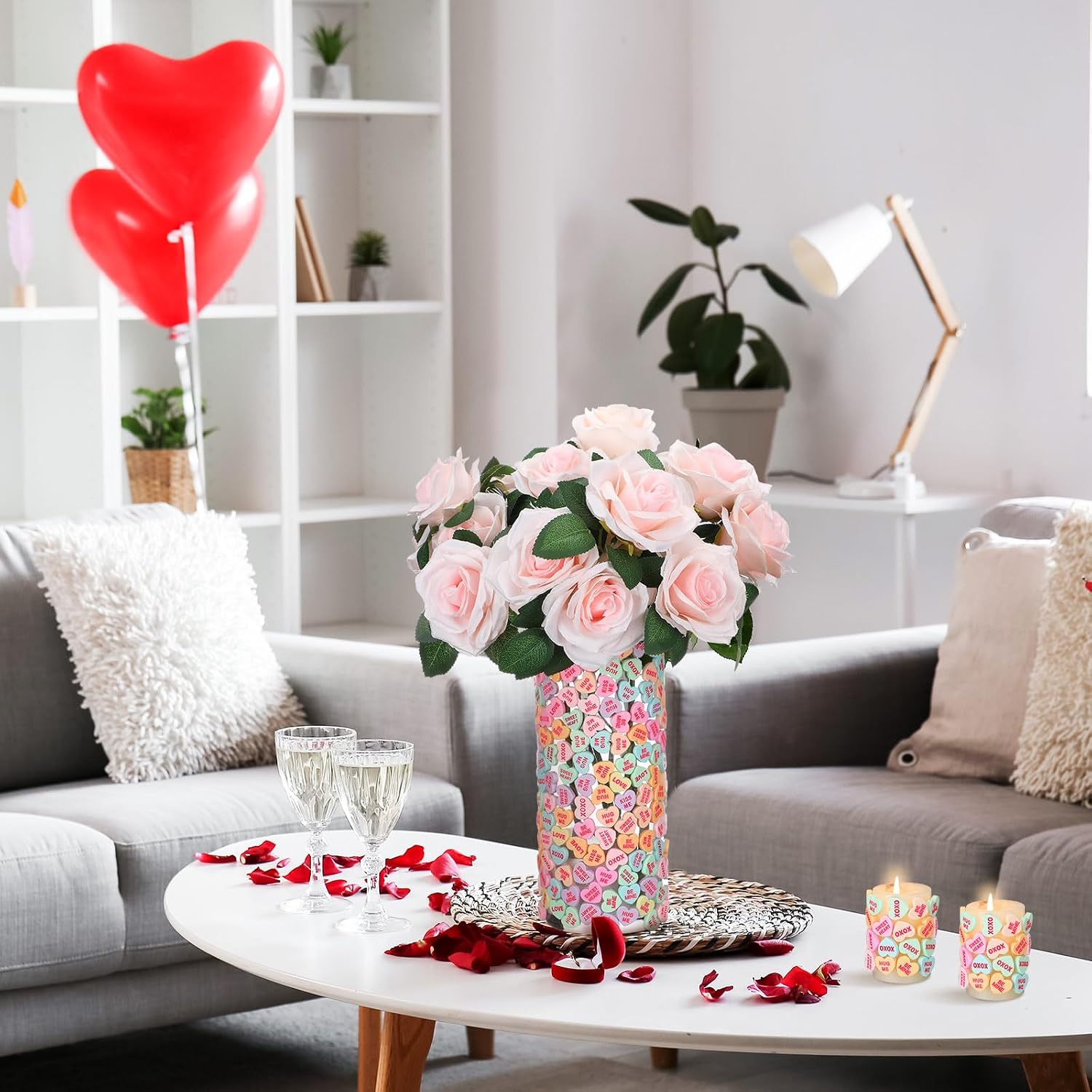 WinnerWhy 100 Pcs Conversation Hearts Vase Filler Resin for Candle Filler Candle Holder Floating Candles Candy Heart Centerpiece for Wedding Decor Macaron Color