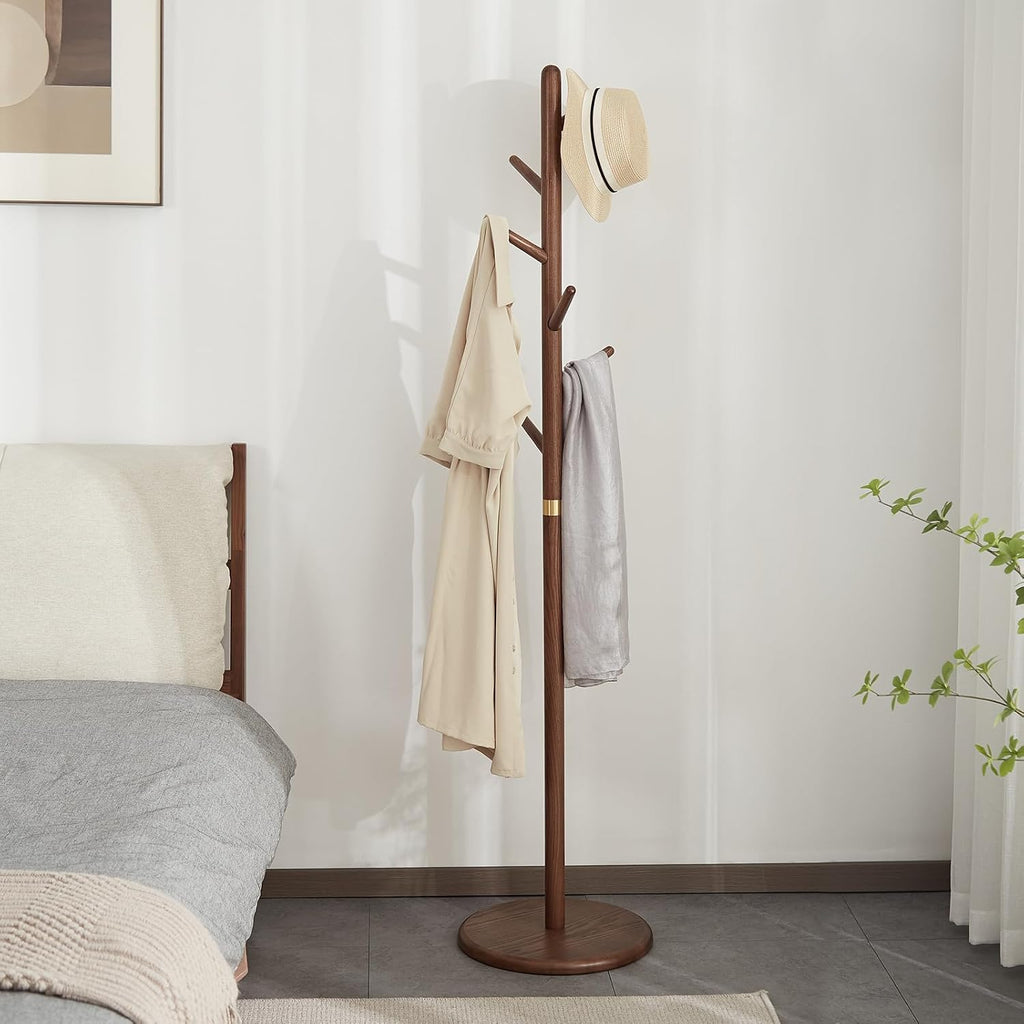 Coat Rack, Solid Wood Coat Rack Freestanding with 6 Hooks, Wooden Coat Tree Freestanding for Hats, Handbags, Coat Stand for Entryway, Bedroom, Hallway - Gift for Her (Walnut)