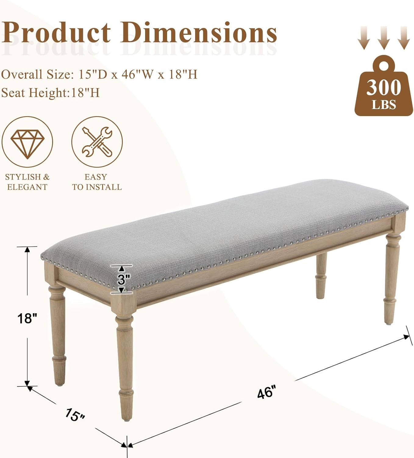46'' French Country Entryway Bench Wooden Linen Fabric Upholstered Seat Dinng Bench with Nailhead Trim for Hallway End of Bed, Grey