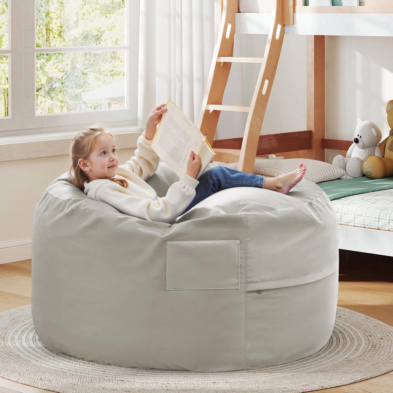 DUMOS 4FT Bean Bag Chair Beanbag for Adults and Kids Oversized Lazy Sofa Living Room Furniture with Removable Washable Cover Giant Comfy Gaming Chair Round Couch for Bedroom Dorm, Grey
