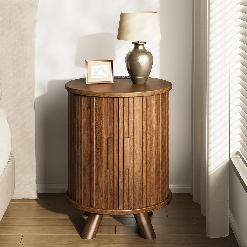 Round End Table with Storage - Fluted Side Table with Charging Station, Wood Nightstand with Sliding Tambour Door for Bedroom, Accent End Tables Living Room, Modern Bedside Table, Walnut