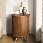 Round End Table with Storage - Fluted Side Table with Charging Station, Wood Nightstand with Sliding Tambour Door for Bedroom, Accent End Tables Living Room, Modern Bedside Table, Walnut